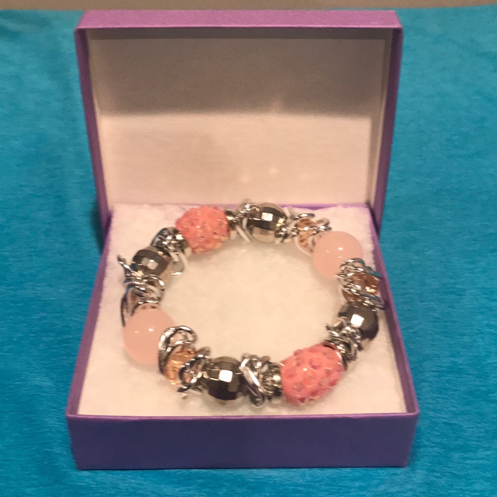 Bracelet, stretch, glass 6in Pink Rondelle